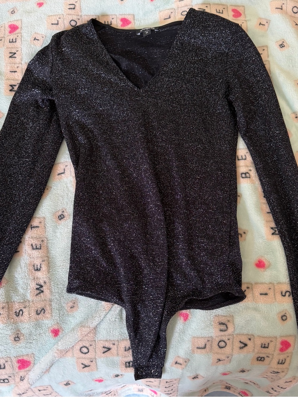 Express Black Sparkle V-Neck Long Sleeve Bodysuit